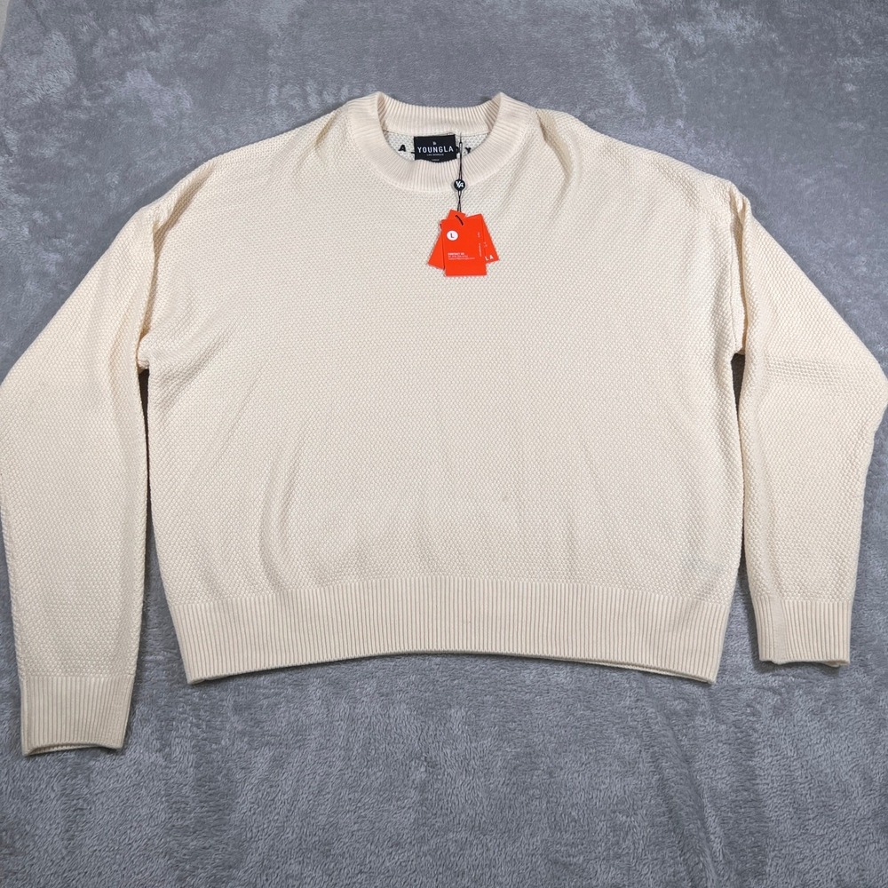 YoungLA Sweater Mens Large Off White Knit‎ Crewneck Pullover Training Preppy NWT
